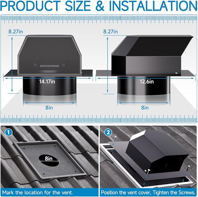 Hon&Guan 8 Inch Roof Vent Cap，Upgraded Airflow Roof Vents for Houses Watertight Galvanized Steel Roof Exhaust Vent for Ventilation System-with Damper