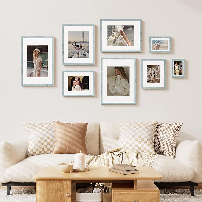 Vittanly 8x10 Picture Frame Set of 2, Solid Wood Frame for Wall or Tabletop, Display Photo 5x7 with Mat or 8x10 without Mat, Rustic Blue