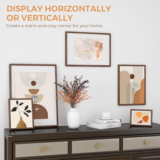 Axeman 11 x 14 Walnut Frame - Rounded Corner 11x14 Picture Frame Matted to 8x10 - Natural Walnut Wood 14x11 Photo Frame with Tempered Glass for Wall Mount Display