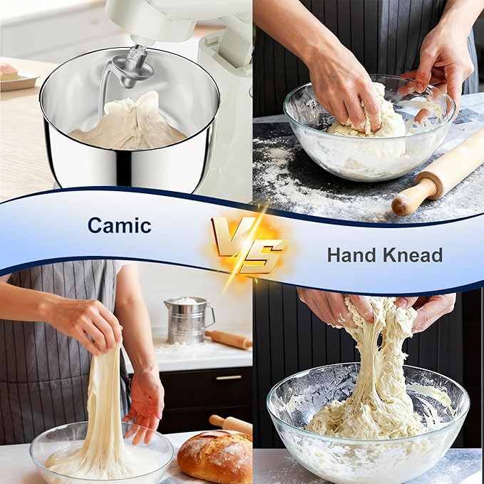 Camic Stand Mixer, 4.2QT+5.3QT Two bowls Electric Food Mixer, 10 Speeds with Digital setting 3-IN-1 Kitchen Mixer for Baking Cakes Cookie Bread Salad with Egg Whisk,Dough Hook,Flat Beater(White)