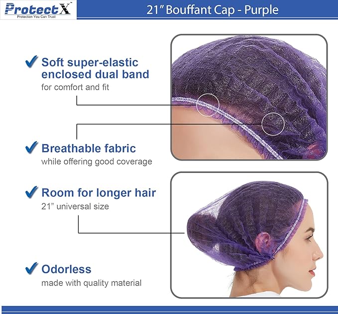 ProtectX Disposable Bouffant (Hair Net) Caps Hair Head Cover Nets 21” (Purple 100 pack)