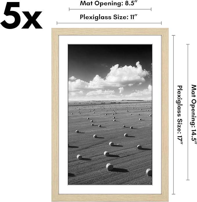 Americanflat 11x17 Picture Frame with Polished Plexiglass - Set of 5 - Use as 9x15 Frame with Mat or Display 11x17 Photo Without Mat - Galleria Collection - Picture Frames for Wall - Natural Oak