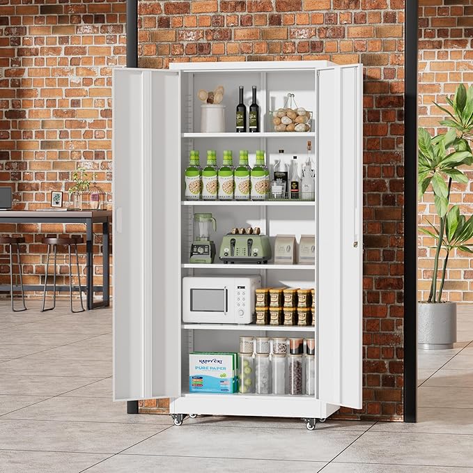 Greenvelly 73" Metal Storage Cabinet with Wheel and Pegboard, Lockable White Metal Garage Cabinets with 2 Doors and 4 Adjustable Shelves, Rolling Steel Tool Cabinet for Garage, Home Office, School