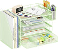 OPNICE Desk Organizer, 5-Tier Paper File Organizer with Drawer & Pen Holder, Office Desk Accessories, Workspace Desktop Organizer for Office Supplies(Green)