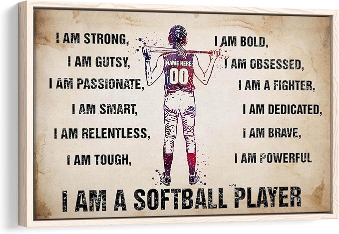 Custom I Am A Softball Player Gift For Her Softball Girl Room Personalized Name Number Poster & Framed Canvas, Wall Art Home Office Decoration Living Room Bedroom Aesthetic Decor
