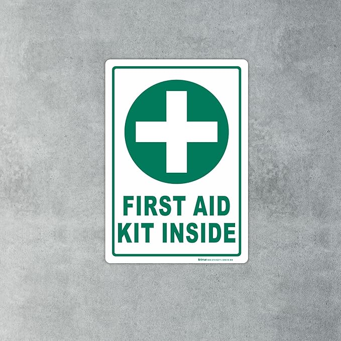 Brimar - 7" x 10" - First Aid Kit Inside Sign - 3.5 Mil InfiniStick™ Vinyl Label - Easy Installation - High Visibility