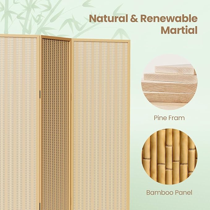 5 Panel Room Divider and Extra Wide Folding Privacy Screen, 79" W x 67" H, Bamboo Room Divider for Room Separation.