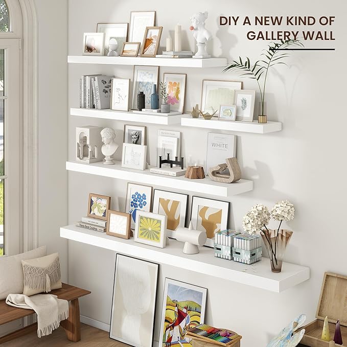 Floating Shelves for Wall 48"W x 9"D x 1.5"H, Long Engineered Wood Wall Shelves with Invisible Brackets for Living Room Bedroom Bathroom Office Kitchen Decor and Storage, White Finish, Set of 2