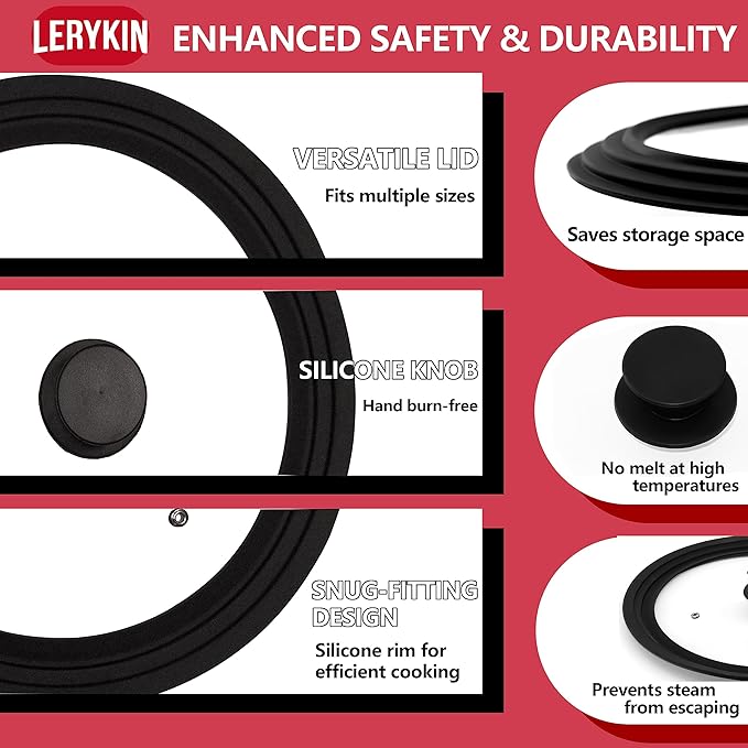 Tempered Glass Lid - Universal Lid with Heat Resistant Silicone Rim for Pots, Pans and Skillets - Pan Cover Replacement Lid Fits 9.5", 10" and 11" Diameter Cookware