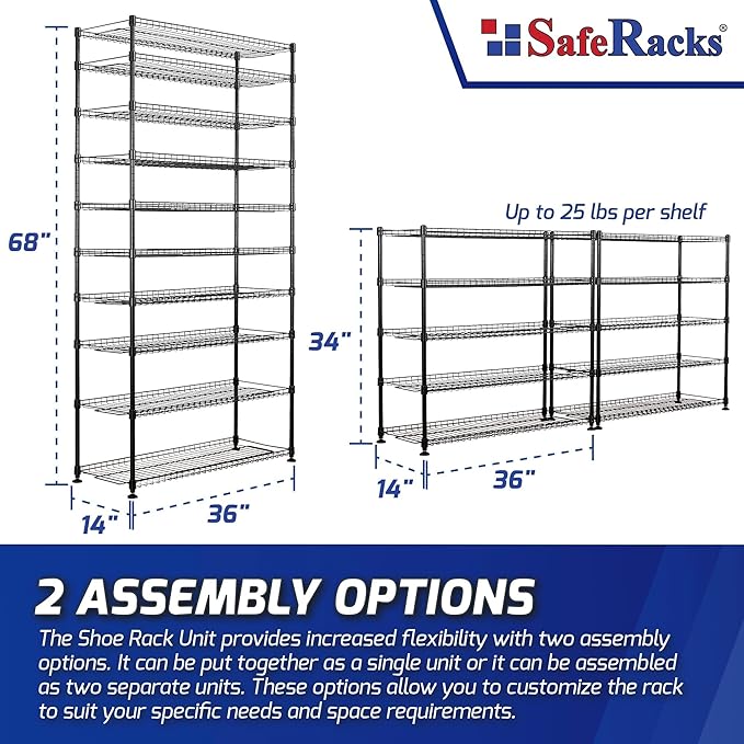 SafeRacks 10-Tier Shoe Rack - Black, Large Shoe Storage Organizer, 60 Pair, Heavy Duty Shoe Stand with Vertical Free Standing Shoe Shelf, Perfect for Entryway, Closet, Garage, & Bedroom Storage
