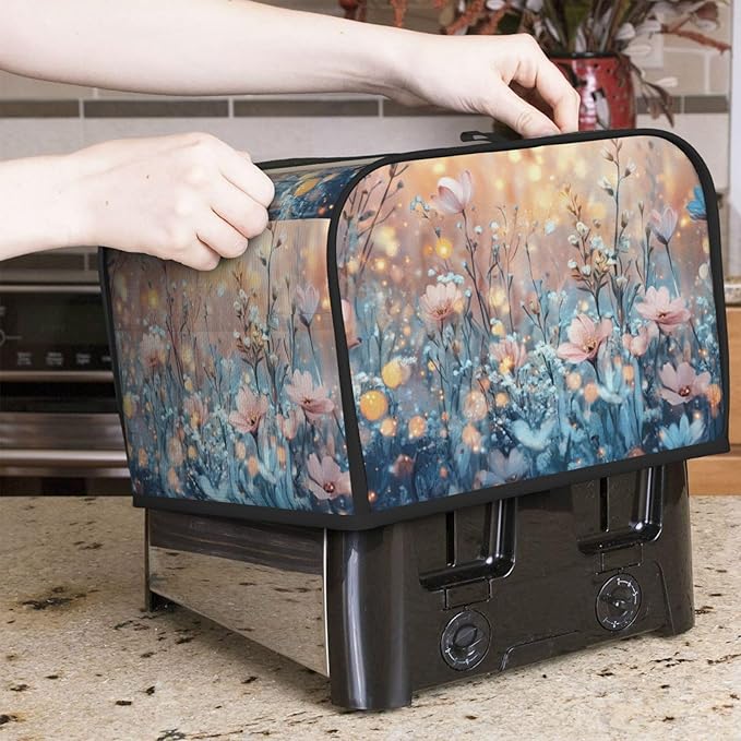 4 Slice Toaster Cover for Kitchen Flower Field Landscape Waterproof and Dustproof Toaster Dust Cover with Side Pockets Decorative Universal Cover for Wide Slot Toasters and Small Appliances