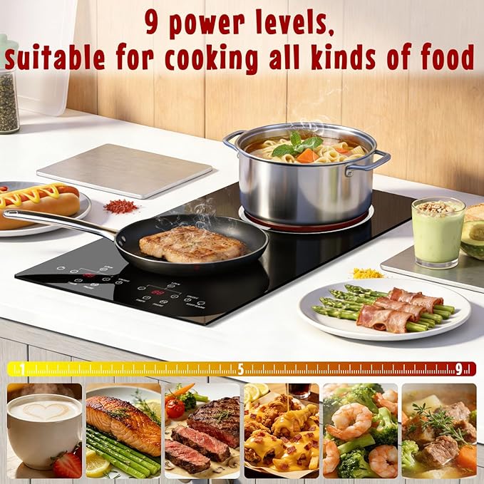 2 Burner Electric Cooktop with Hardwire 12 Inch, 240V Built in 3000W Ceramic Cooktop, Double Burner Electric Stove, Touch Control, Safety Lock, 9 Heating Levels, 99Mins Timer, Overheat Protection
