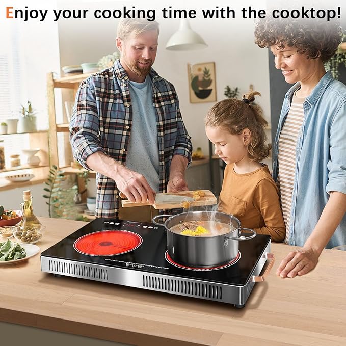 2 Burner Electric Cooktop 24 inch, 110-120V Plug in 2000W Ceramic Cooktop, Portable Electrics Stove with Handles,Touch & Knob Control, Safety Lock, 9 Heating Levels, 240Mins Timer, Overheat Protection