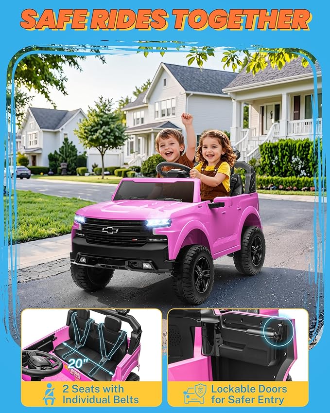 ENYOPRO 24V 2 Seater Electric Car for Kids, Licensed Chevrolet Silverado LT Trail Boss Kids Ride on Car w/Remote Control, LED Lights, Bluetooth, 90W Motor, All-Terrain Wheels, Truck Bed Storage, Pink