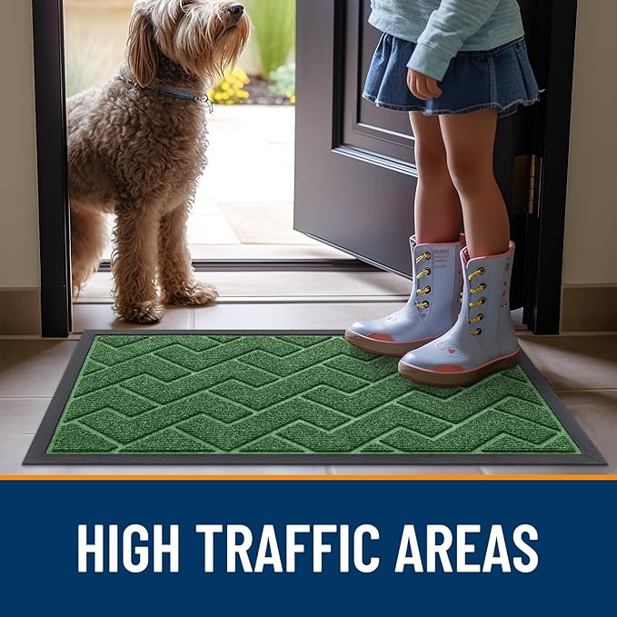 OLANLY Front Door Mat Indoor Outdoor Entrance, Waterproof All-Season, All-Weather Doormat, Sturdy Natural Rubber, Low Profile, Easy Clean Patio Porch Entryway Mat, Herringbone Brick (Green, 71x47)