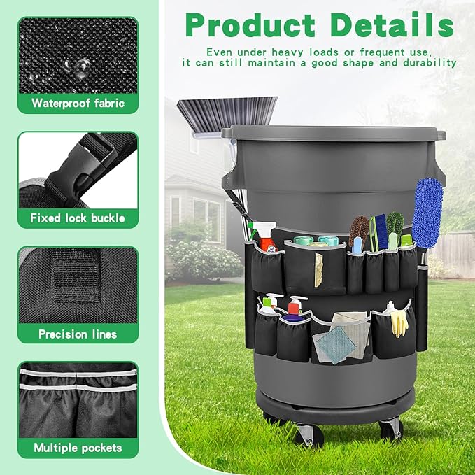 Trash Can Caddy Organizer with 10 Pockets - Cleaning Supply Holder for 32-55 Gallon Round Garbage Bins | Adjustable Strap Storage Bag for Sponges, Gloves, Spray Bottles, Cleaning Tools