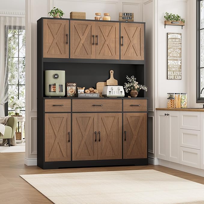 HOSTACK 71" Tall Kitchen Pantry Storage Cabinet with Charging Station, 55" Wide Kitchen Hutch Cabinet with Large Countertop, Farmhouse Food Pantry with Drawers for Living Room, Brown/Black