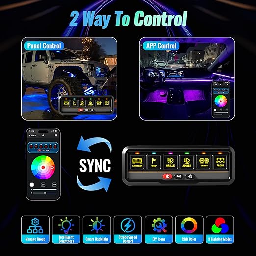 6 Gang Switch Panel Universal Circuit Control Relay System Automatic Dimmable LED Switch Pod Bluetooth APP & Touch Control Panel Switch Box for Car Truck Pickup Boat UTV SUV