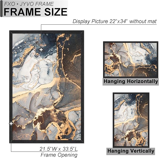Engineered Wood 22 x 34 Frame Set of 2, Black Picture Frame for 22x34 Inch Poster Puzzle Photo, Light Weight 22by34 Poster Frame with Wood-grain for Wall - 2 Pack/Black/22 x34