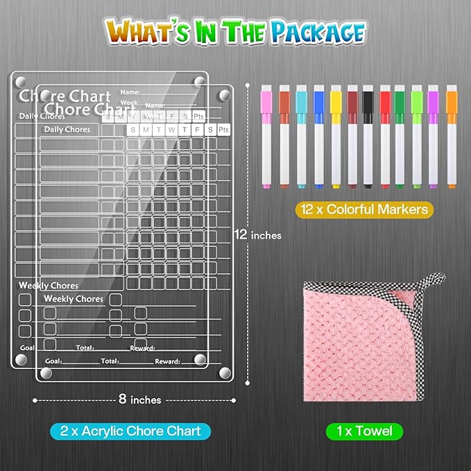 Acrylic Magnetic Chore Chart for Kids,Chores Chart for Fridge Refrigerator,Dry Erase Behavior Chore Chart for Multiple Kids,Reward Chart for Multiple Kids Teens Adults Family,8"x12" (White-2 Pack)