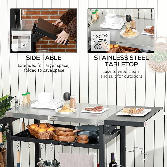Outsunny Outdoor Grill Cart with Foldable Side Table, 46" x 21.75" Multifunctional Stainless Steel Pizza Oven Stand with Three-Shelf, Movable Food Prep Table on Wheels, Black