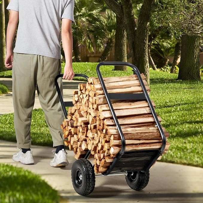 VEVOR Firewood Cart, 250 lbs Capacity, Black Heavy Duty Steel Dolly Hauler with PU Wheels & Waterproof Cover, Outdoor and Indoor Wood Rack Storage Mover, Firewood Carrier for Fireplace, Fire Pit
