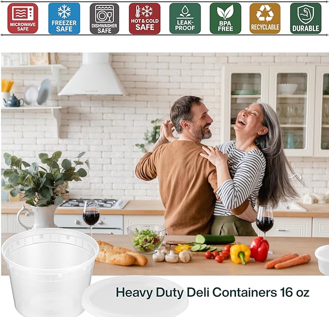 16oz [60 set] Heavy Duty Plastic Deli Container | BPA-Free Food Storage with Airtight Leak‑Proof Lids | Microwave, Freezer & Dishwasher Safe – Stackable, Bulk Reusable Soup & Meal Prep Tub