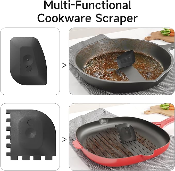 SUBEKYU Cast Iron Scrubber with Silicone Handle, Stainless Steel Skillet Cleaner for Cast Iron Pans (Black Scrubber + Scraper)