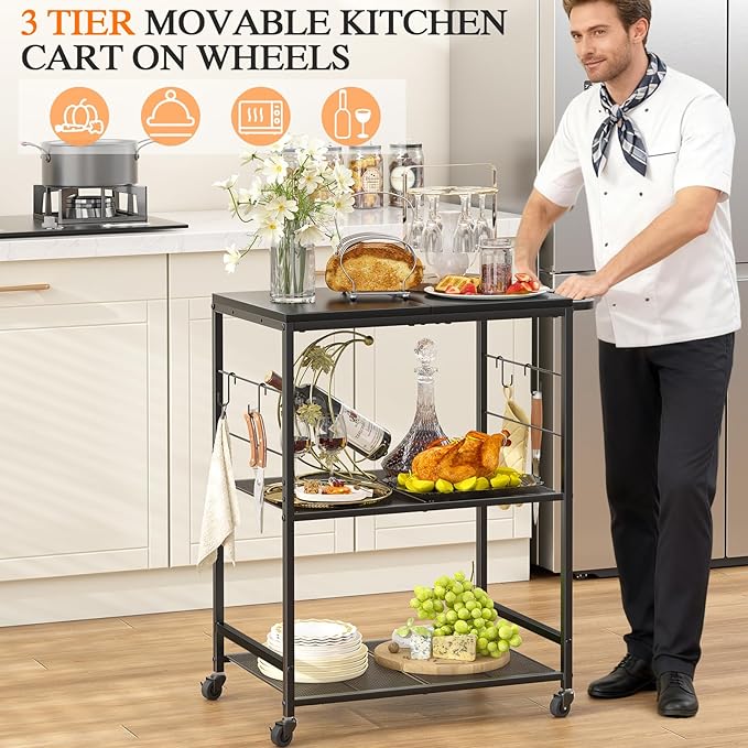Grill Cart for Outside, 3-Tier BBQ Food Prep Rolling Table Cart, with 23.62" Lx 15.75" W Stainless Steel Tabletop, Outdoor Pizza Oven Table Ideal for Patio Backyard Kitchen Tools Room