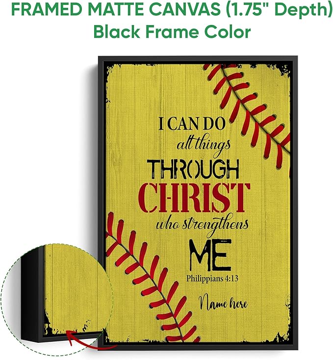 Personalized Softball Poster & Framed Canvas, I Can Do All Things Through Christ Bible Verse - Philippians 4:13 Home Office Decor, Custom Name Bedroom Living Room Aesthetic Wall Art