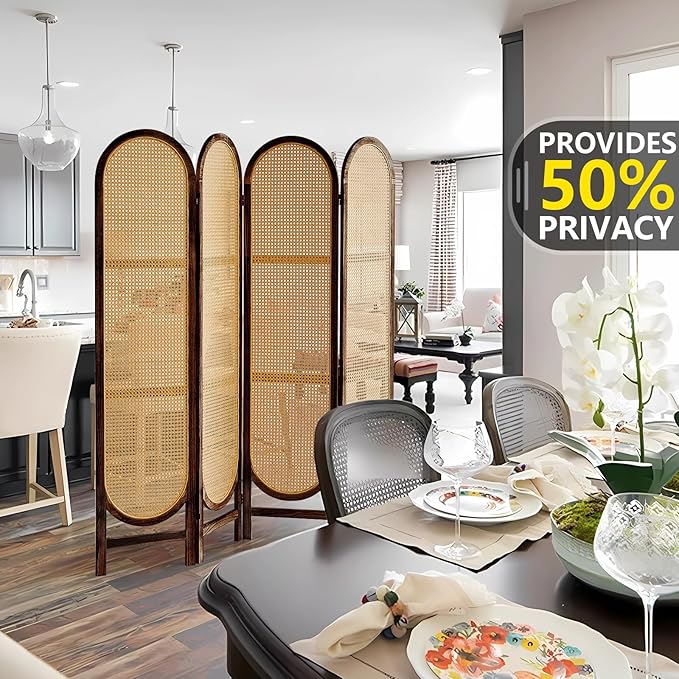4 Panel Room Divider, 5.6 Ft Foldable Wood Room Divider Screen, Hand-Woven Rattan Folding Privacy Screens with Double Hinges, Wall Divider for Room Separation Bedroom Home Office - Brown