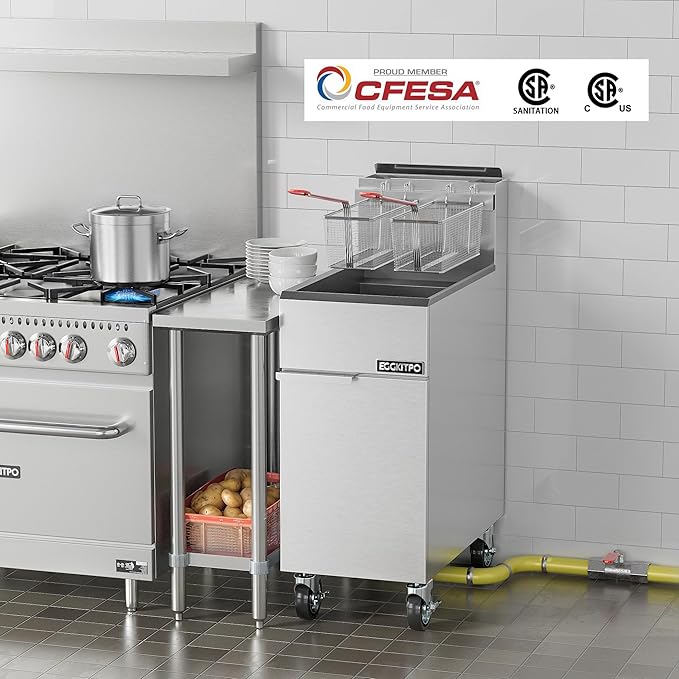 EGGKITPO 50lb. Commercial Gas Deep Fryer 4 Tubes Liquid Propane Gas Fryer CSA Certified Adjustable Thermostat 200℉-400℉ Floor Standing Fryer with 2 Baskets for Restaurant and Kitchen 120,000 BTU/h