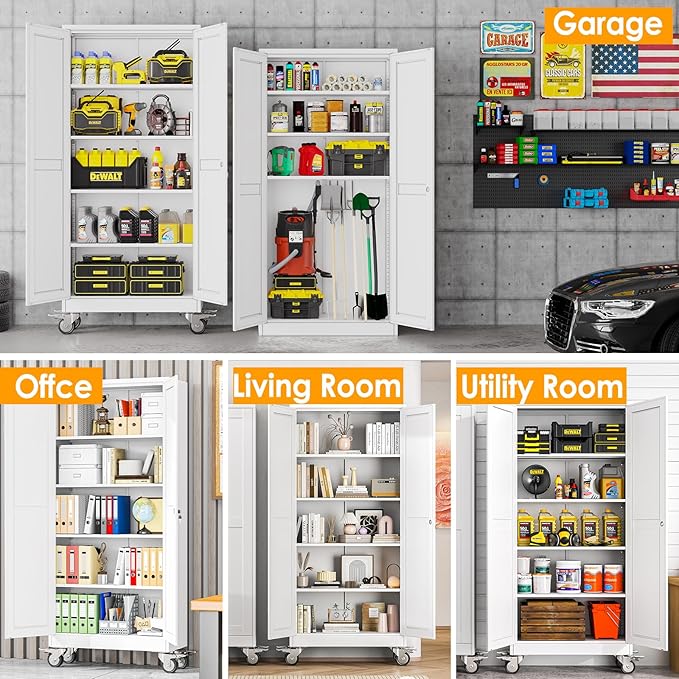 71''H Tall Metal Garage Storage Cabinet with Wheels,Steel File Cabinets with 2 Doors and 4 Adjustable Shelves for Home Office, Warehouse, Required Assembly,White