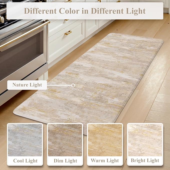 Collive Anti Fatigue Mats for Kitchen Floor, Abstrac Non Slip Kitchen Rugs Sets of 2 Cushioned Modern Desk Mat, Waterproof Comfort Standing Mat for Sink, Home Decor, 20" x 47" + 20" x 32", Beige/Cream