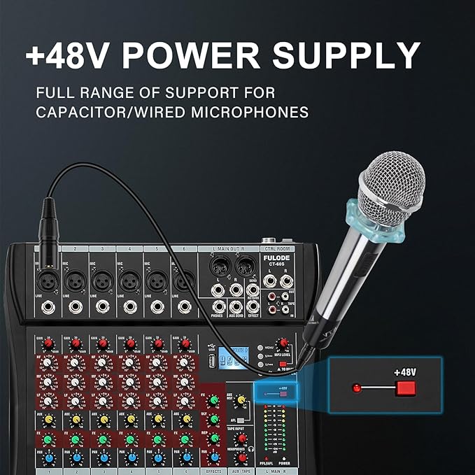 6 Channel Mixer Audio Console, CT-60S Professional Music Mixer DJ Mixing Board with Reverb Bluetooth MP3 Player 48V Phantom Power Supply USB Recording for Studio Karaoke Live Performance