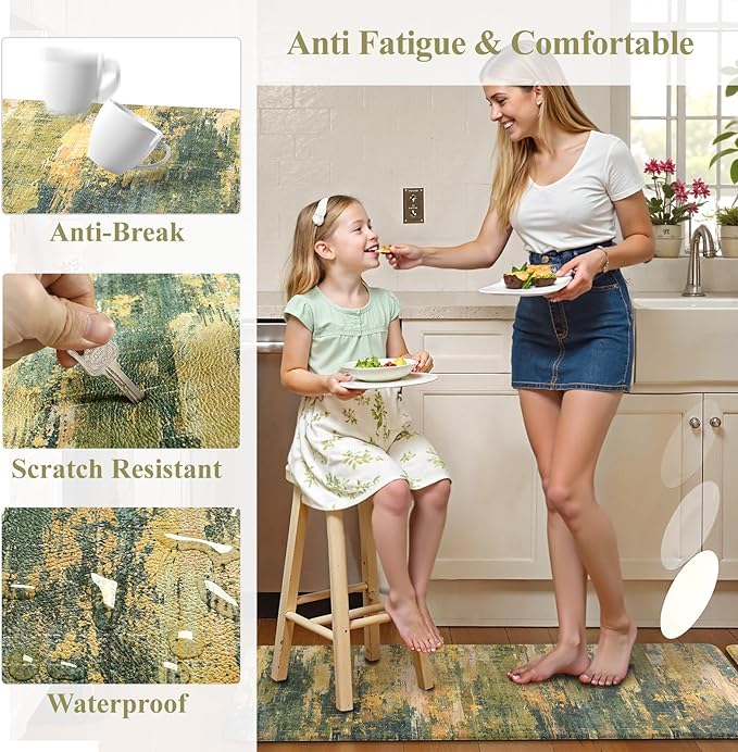 Collive Anti Fatigue Kitchen Rugs Sets of 2, Abstract Non Slip Waterproof Kitchen Mat Modern Runner Rug, Ergonomic Comfort Desk Rugs for Floor, 17"x59"+17"x29" Green/Yellow