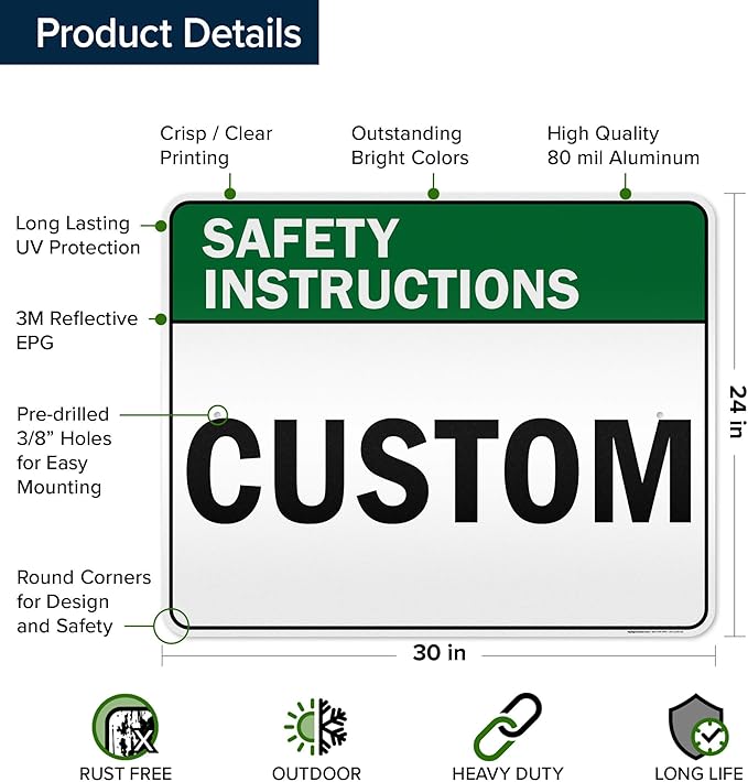 Custom Safety Instructions Sign, Ansi Sign, Osha Compliant, 24x30 Inches, 3M EGP Reflective, Rust Free .080 Aluminum, Fade Resistant, Made in USA by My Sign Center