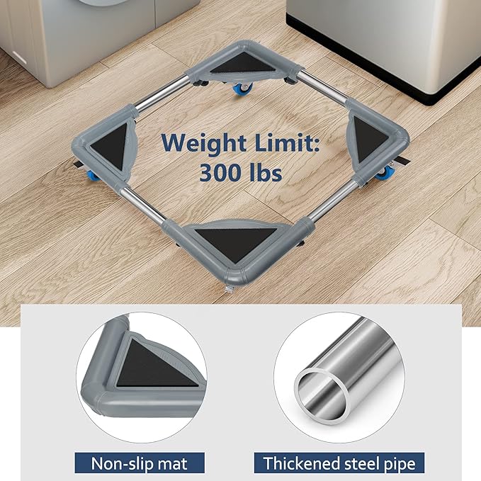 SPACECARE Mini Fridge Stand Mobile Roller, Adjustable Furniture Dolly with 4 Locking Wheels, Heavy Duty Washing Machine Base, Universal Appliance Pedestal for Dryer and Refrigerator- Grey