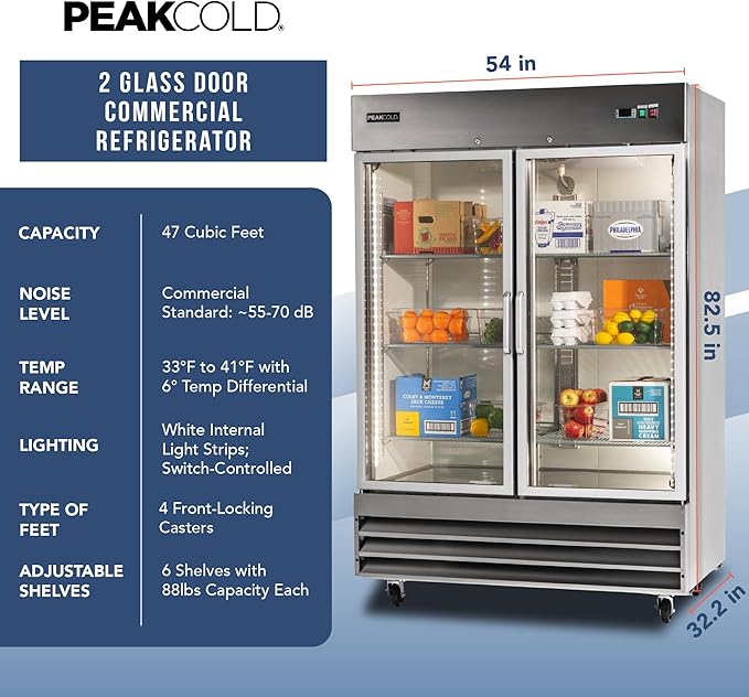 PEAKCOLD Double Glass Door Commercial Refrigerator - 47 Cubic Ft, 54" Wide Stainless Steel Reach-In Commercial Refrigerator with White Internal Lighting - Freestanding Industrial Fridge