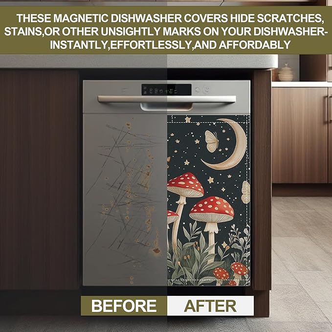 Fantasy Mushroom Dishwasher Magnets Decorative Cover,Butterfly Moon Magnet Fridge Panel Decal for Home Kitchen Decor,23x26 in