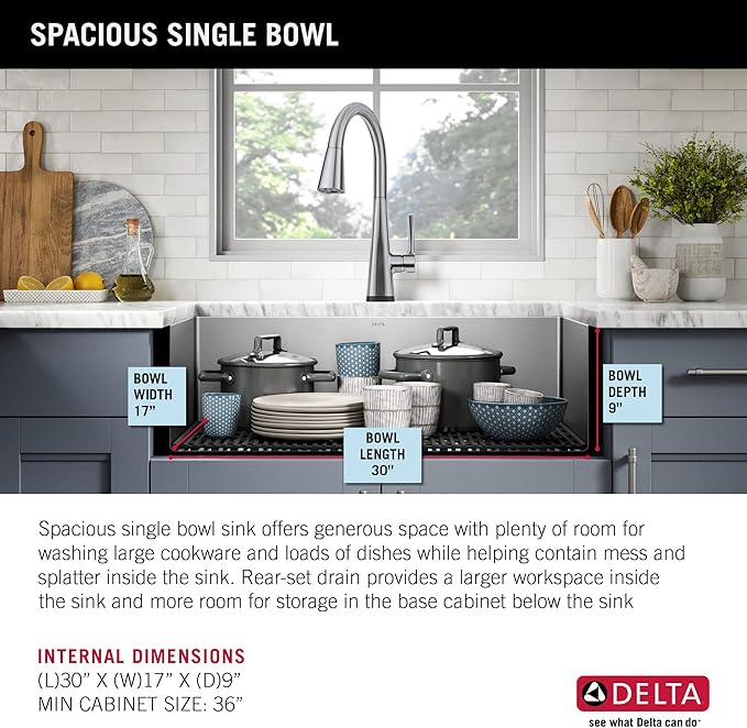 DELTA FAUCET Delta Lenta 32-inch Undermount 16 Gauge Stainless Steel Single Bowl Kitchen Sink with Accessories, 953034-32S-SS, Satin