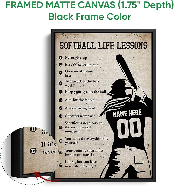 Custom Softball Life Lessons Sports Motivational Gift For Girl Personalized Name Number Poster & Framed Canvas, Wall Art Home Office Decoration Living Room Bedroom Aesthetic Decor