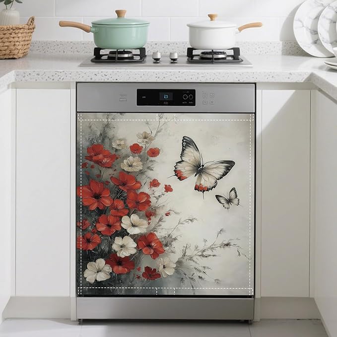 Butterfly Dishwasher Magnets Decorative Cover,Red White Flowers Magnet Fridge Panel Decal for Home Kitchen Decor,23x26 in