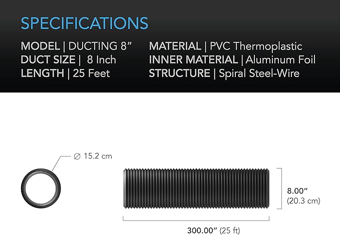 AC Infinity Flexible 8-Inch Aluminum Ducting, Heavy-Duty Four-Layer Protection, 25-Feet Long for Heating Cooling Ventilation and Exhaust