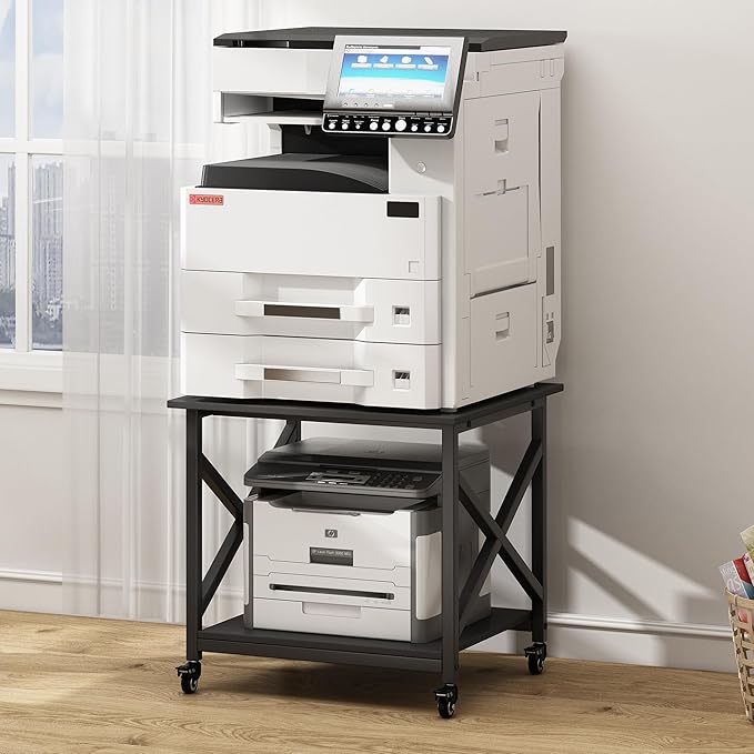 2 Tier Large Printer Stand, 23.6 x 23.6 x 22.6 Inches Square Printer Table with Storage Shelf, Rolling Printer Cart with Industrial Wheels for Home Office, Mini Fridge Stand Table - Black