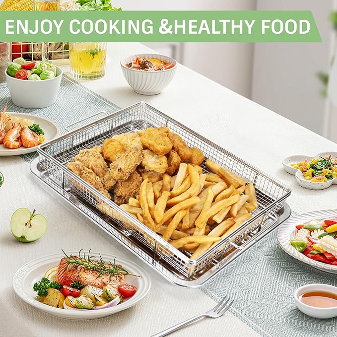 Extra Thick Air Fryer Basket and Tray for Large Oven,2PCS-Set,18.5''×12.9'',Thicker Basket and Crisper Tray Pan,Stainless Steel Air Fryer Accessories,with One Removable Handle