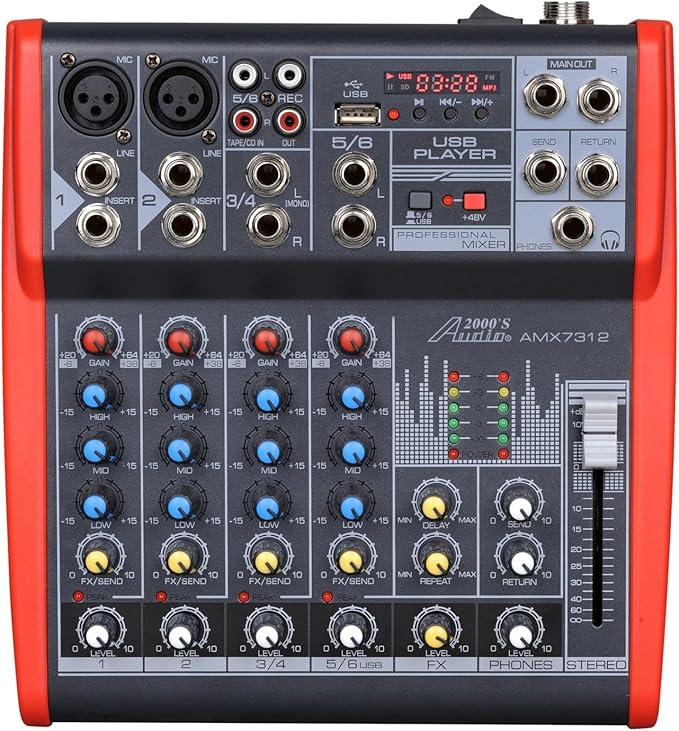 Audio2000'S AMX7312 Professional Six-Channel Audio Mixer with USB and DSP Processor