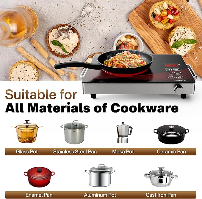 1800W Infrared Hot Plate, Portable Electric Ceramic Cooktop with Timer & Touch Control, 18 Heat Levels Single Burner, Non-Induction Countertop Stove for All Cookware, 110V