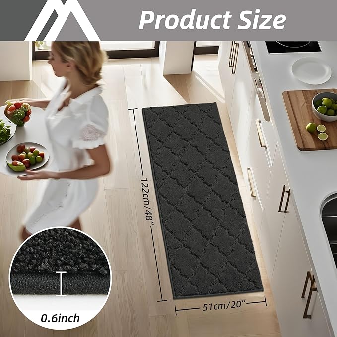 COSY HOMEER-Kitchen-Rugs 20"x48" Non-Slip Absorbent Soft Kitchen Runner Rug Polyester Kitchen Mats for Floor Washable Kitchens Standing Floor Mat for Sink Mat,Hallway,Laundry,Black