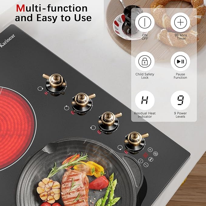 Karinear Electric Cooktop 24 Inch, 4 Burners Electric Stove Top, Built-in Radiant Cooktop Knob Control, Safety Lock, Timer, Pause, 6000W 220~240V Hard Wired(No Plug)
